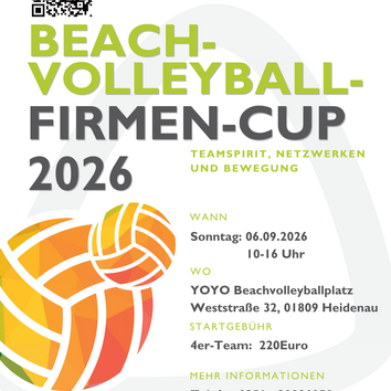 Poster vom Dresden Beachvolleyball Firmencup 2026 mit wichtigen Daten, 06.09.2026 um 10 Uhr beginn in der Yoyo Kletterhalle